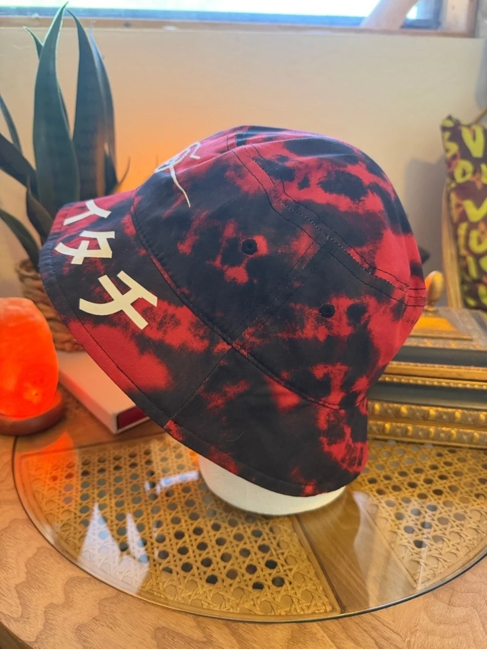 Red and Black Tie-Dye Bucket Hat with White Graphic